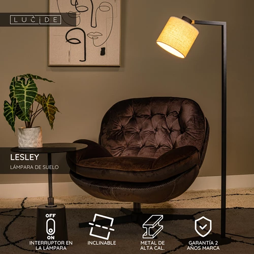 Lucide LESLEY - Lámpara de suelo - 1xE27 - Negro - USP
